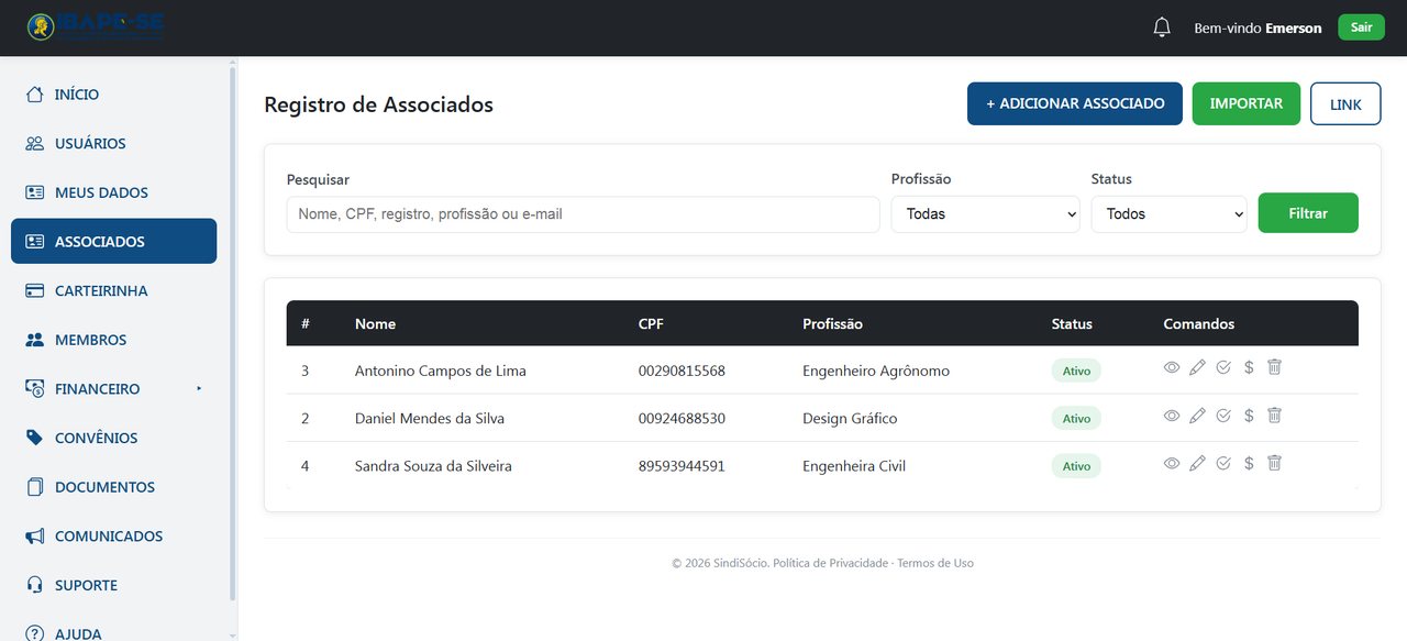 Associados e membros sob controle
